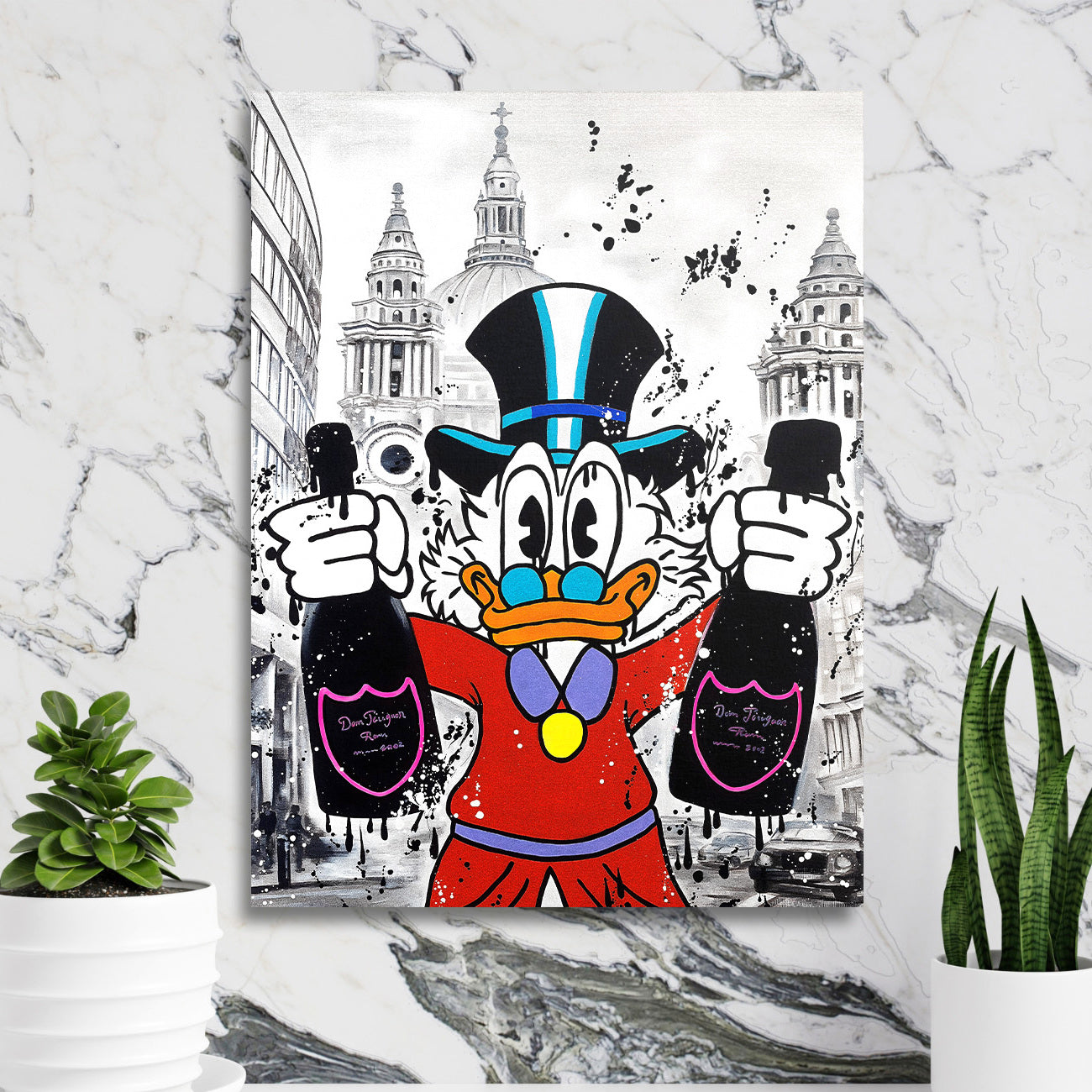 Pop art obraz kachny v cylindru s lahvemi šampaňského, motivační obraz na plátně do moderního interiéru