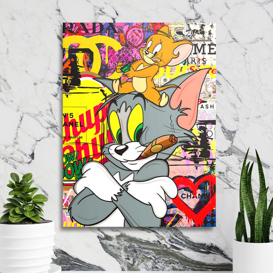 Pop art obraz na zeď s koláží Toma a Jerryho, graffiti srdcem, značkovým parfémem a dolarovými motivy