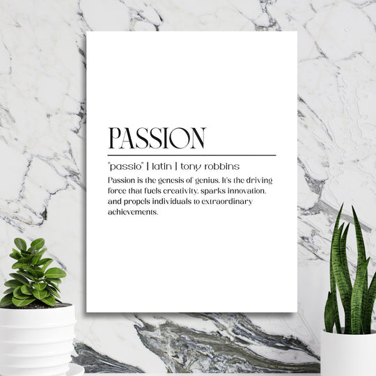 Motivační obraz na zeď s citátem „Passion is the genesis of genius“ od Tonyho Robbinse na mramorové stěně