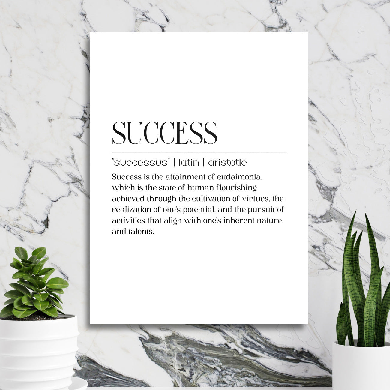 Luxusní motivační obraz na plátně s citátem SUCCESS od Aristotela na mramorové stěně v pracovně