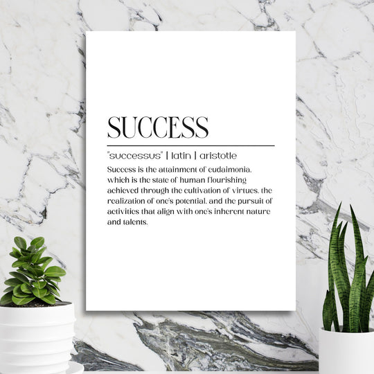 Luxusní motivační obraz na plátně s citátem SUCCESS od Aristotela na mramorové stěně v pracovně