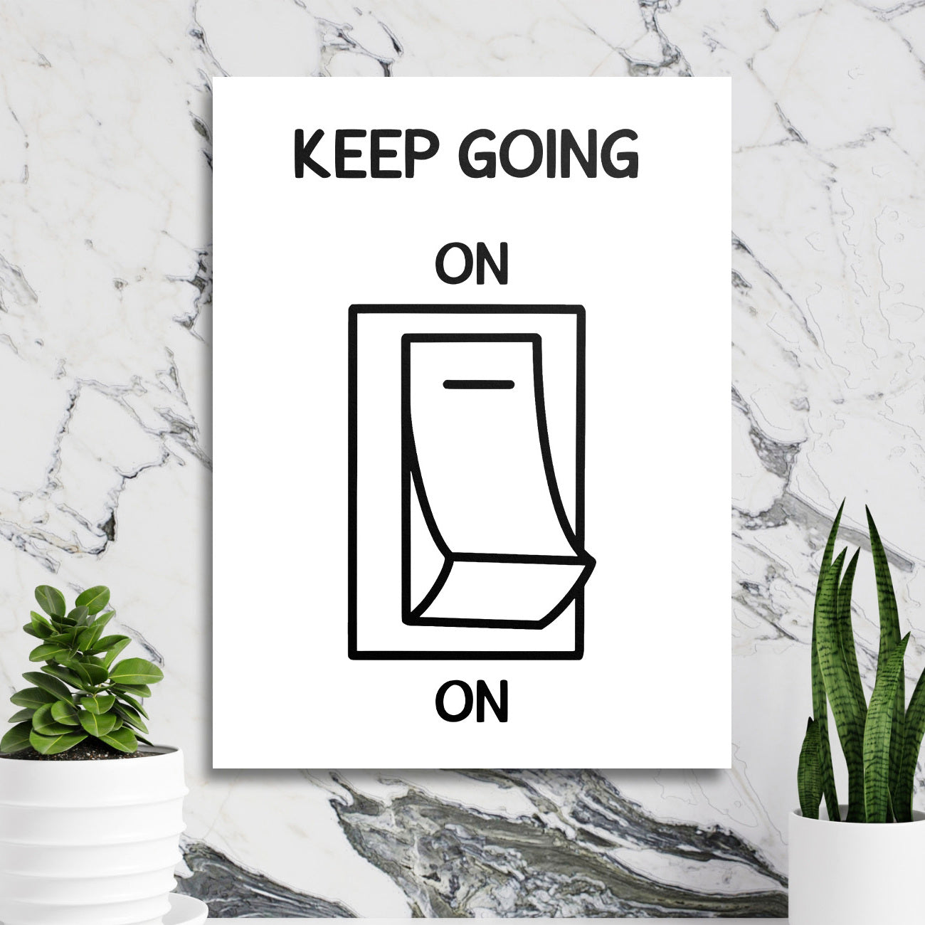Motivační obraz na zeď s černobílou kalendářovou grafikou v minimalistickém lifestyle aranžmá na mramorové stěně