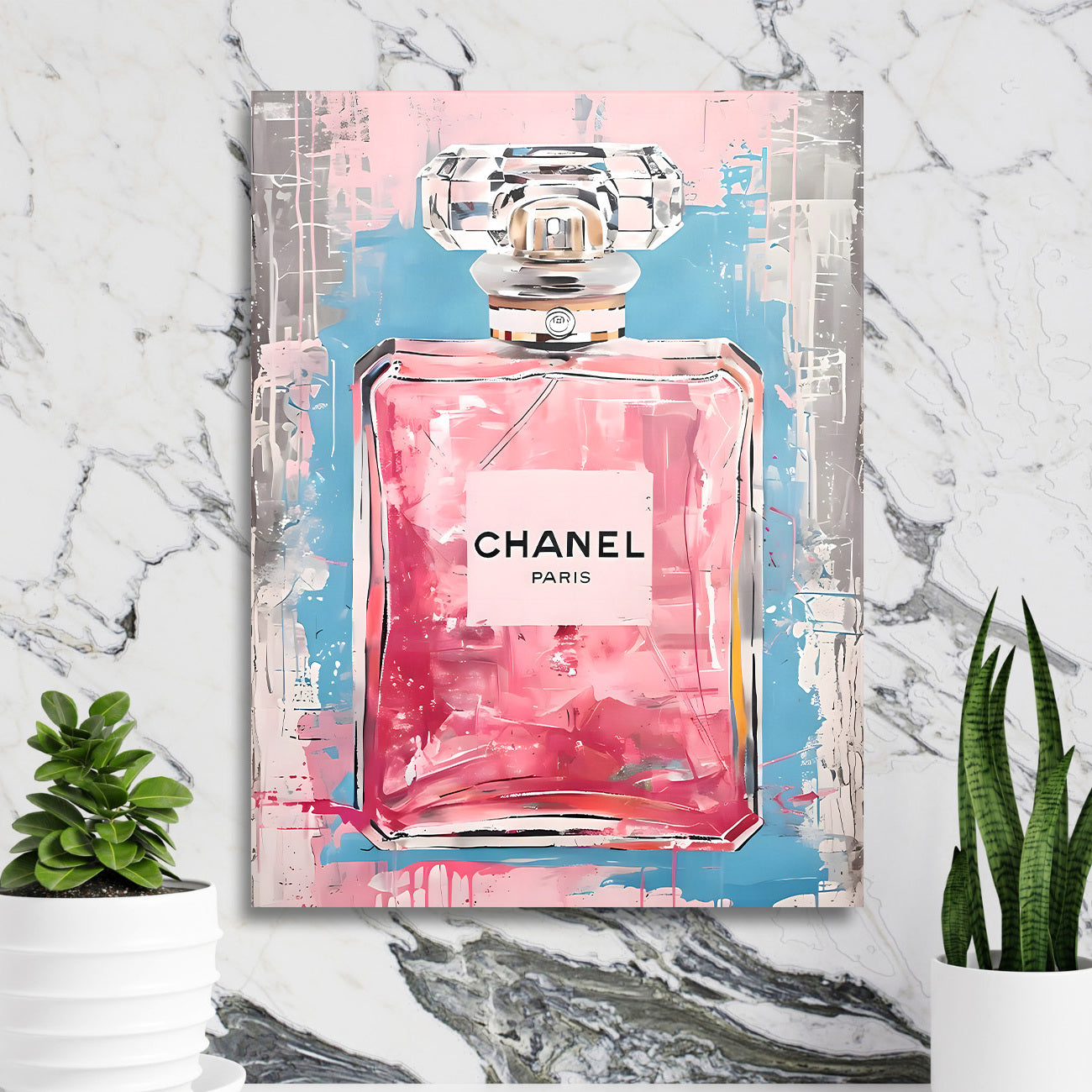 Luxusní obraz na plátně s růžovým parfémem Chanel Paris na mramorové zdi, fashion dekor do ložnice nebo šatny