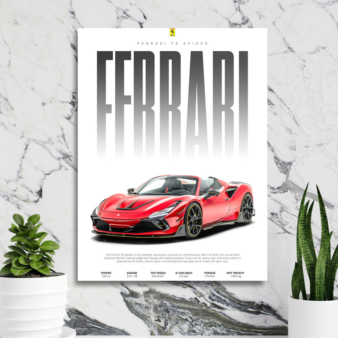 Motivační obraz na zeď s červeným Ferrari F8 Spider v designové kanceláři před mramorovou stěnou