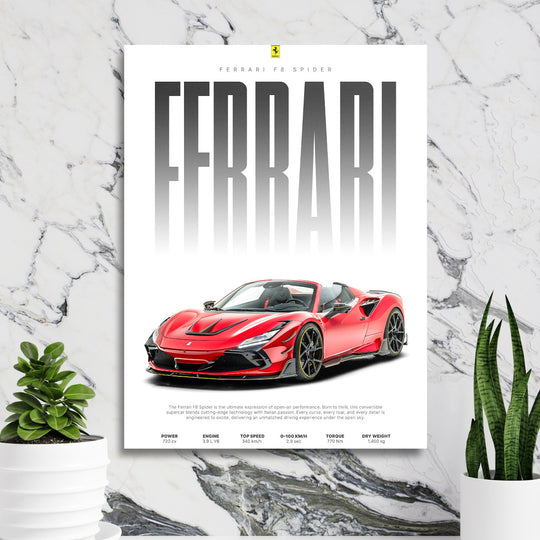 Motivační obraz na zeď s červeným Ferrari F8 Spider v designové kanceláři před mramorovou stěnou