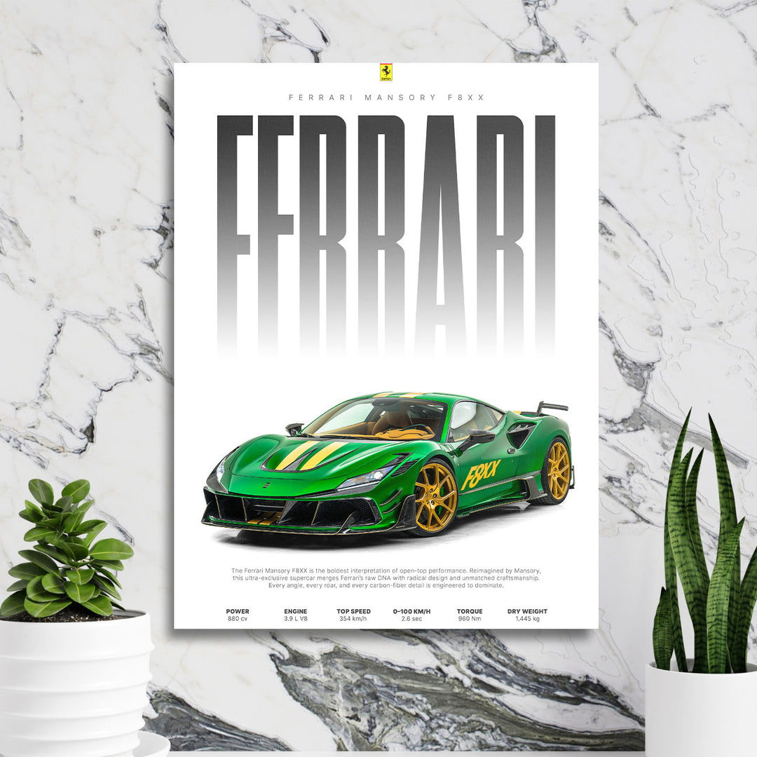 Motivační obraz na plátně se zeleným Ferrari F8XX zavěšený na mramorové stěně, luxusní image do interiéru