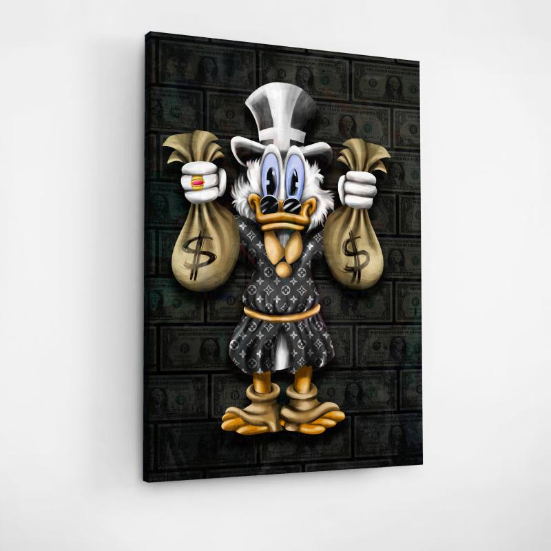 Motivační obraz, plátno s postavou Kačera Skrblíka držícího pytle peněz. Symbol bohatství a úspěchu. BudujImperium.cz. Motivační obrazy