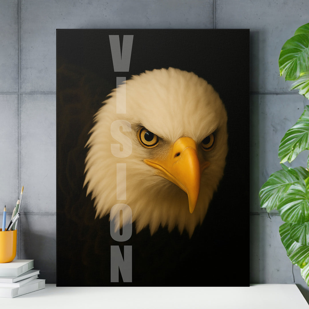 Motivační obraz s detailní hlavou orla a vertikálním nápisem VISION v moderní kanceláři