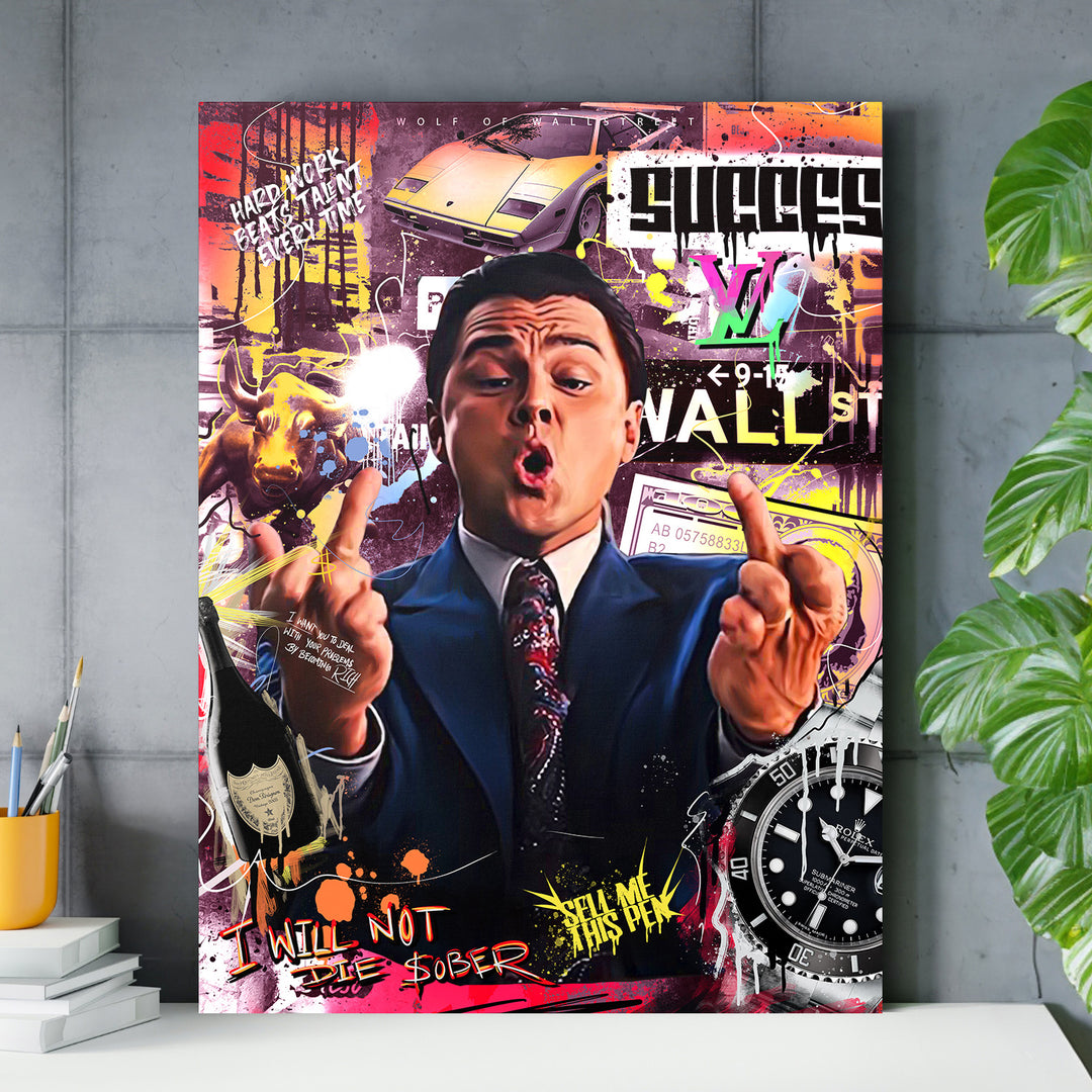 Motivační obraz na zeď v pop art stylu s mužem v obleku, luxusním autem, hodinkami, býkem a graffiti nápisem success