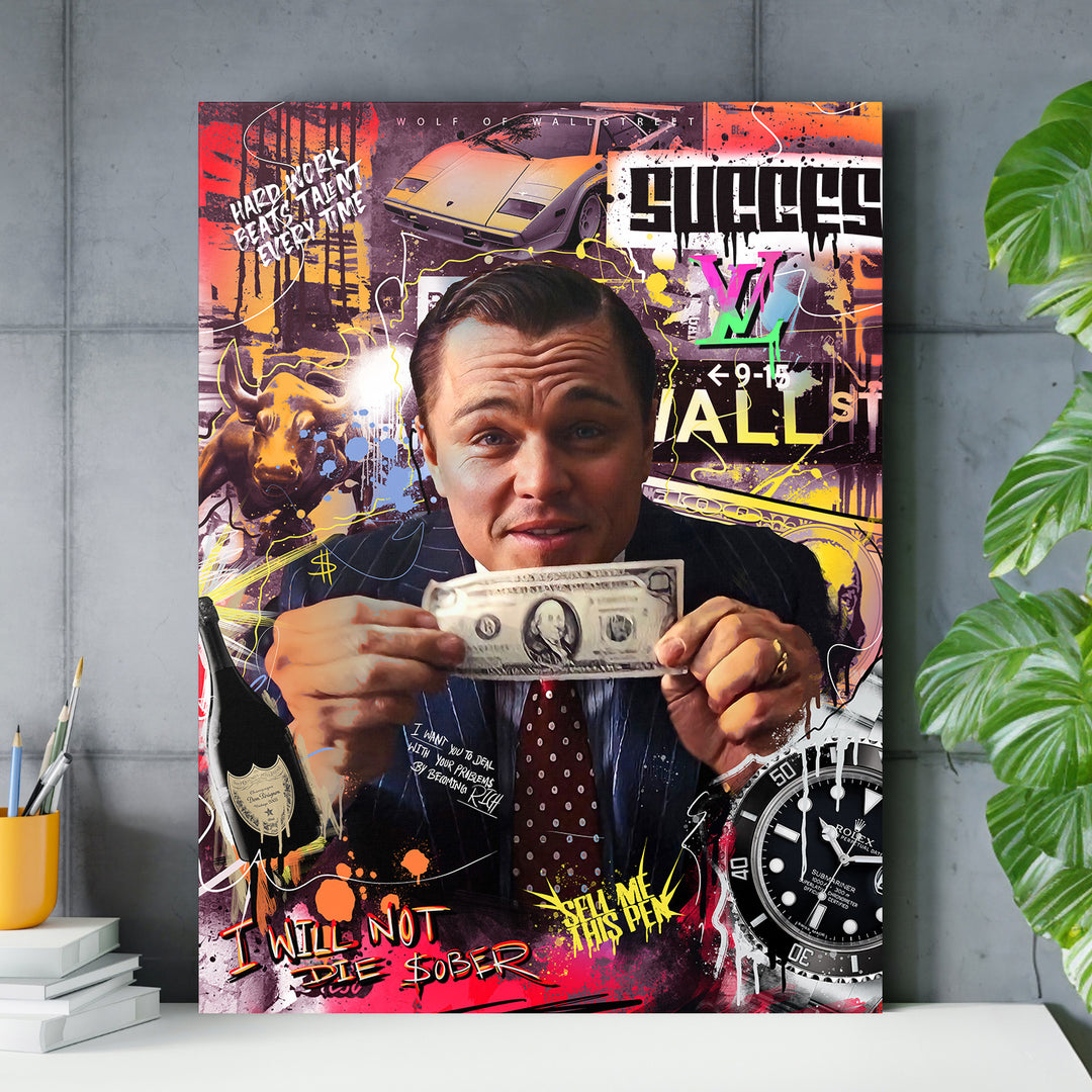 Motivační pop art obraz na plátně Wolf of Wall Street s motivem peněz, sportovního auta a býka v obýváku
