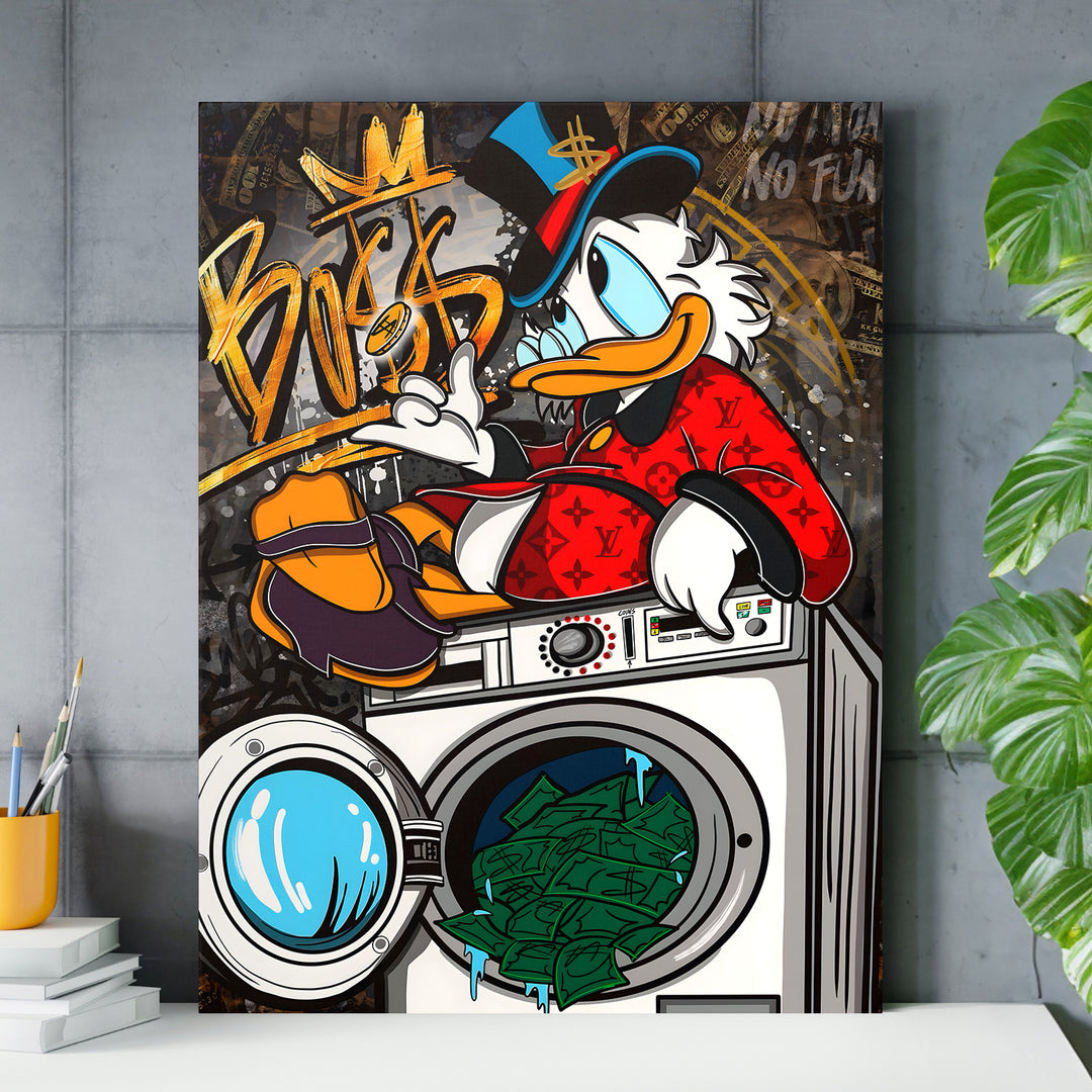 Pop art obraz na zeď s Kačerem Skrblíkem na pračce plné peněz a graffiti nápisem BOSS