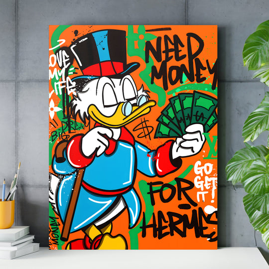 Motivační pop art obraz na zeď do pracovny s Kačerem Skrblíkem, dolarovými bankovkami a graffiti citátem