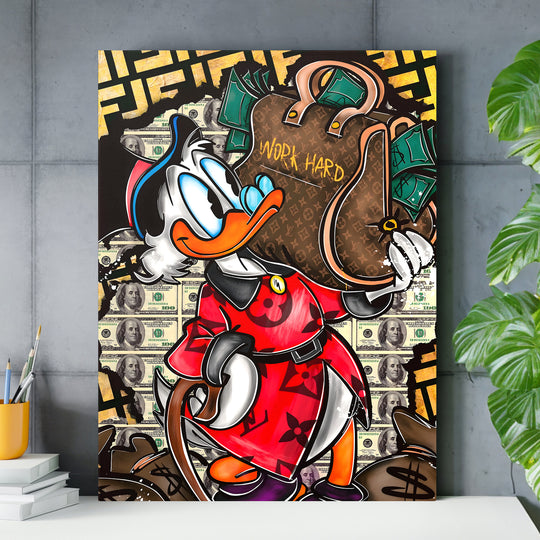 Pop art obraz na plátně v pracovně, Donald drží kabelku WORK HARD a balíčky dolarů