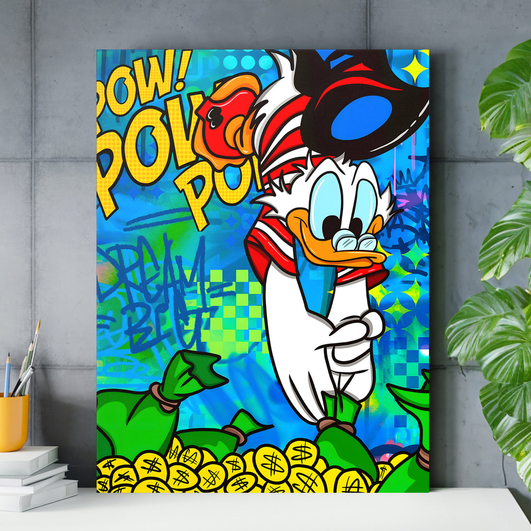 Motivační pop art obraz na zeď s kachním magnátem a pytli peněz v kancelářském koutě