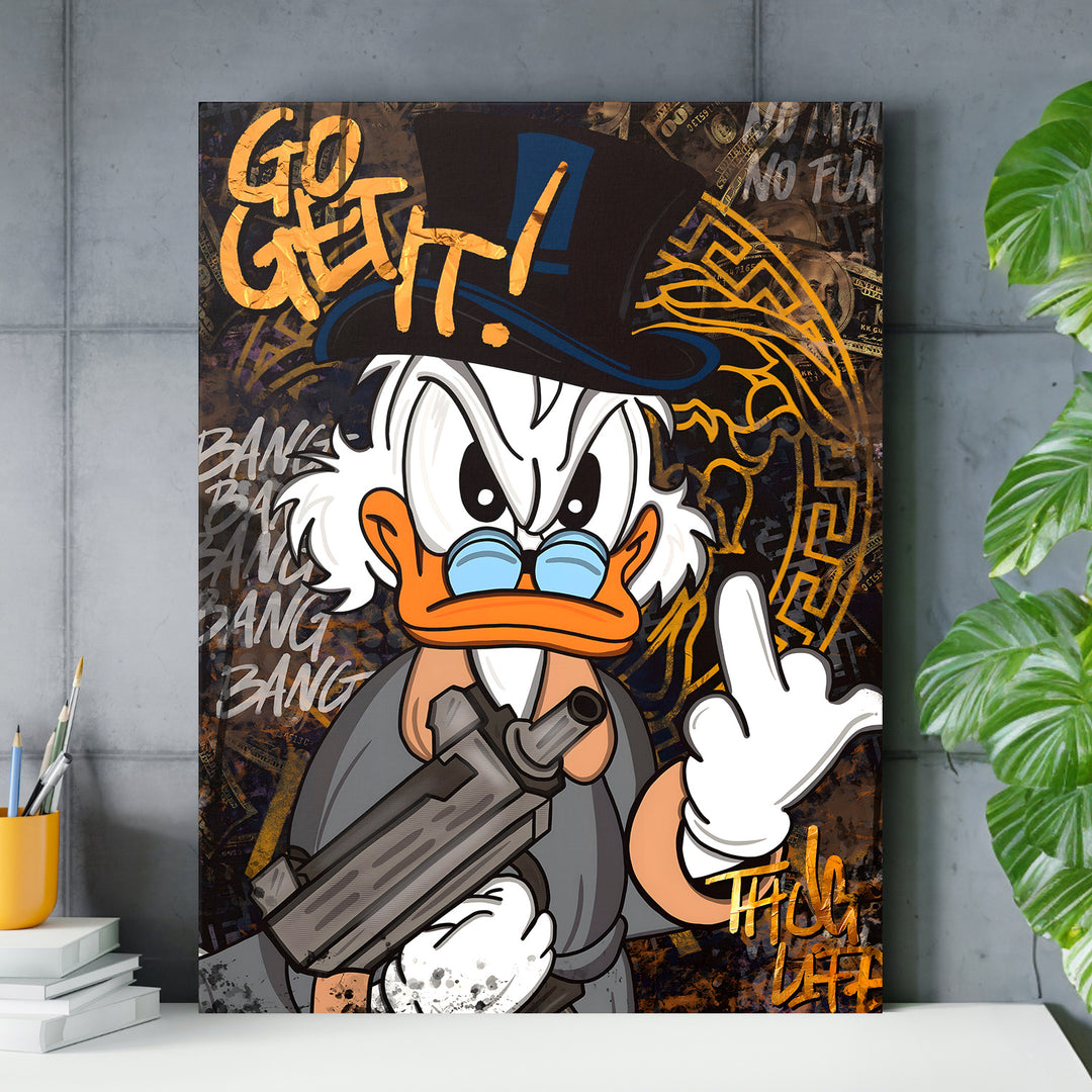 Motivační pop art obraz na zeď s Kačerem Skrblíkem, graffiti Go Get, penězi a nápisem Thug Life