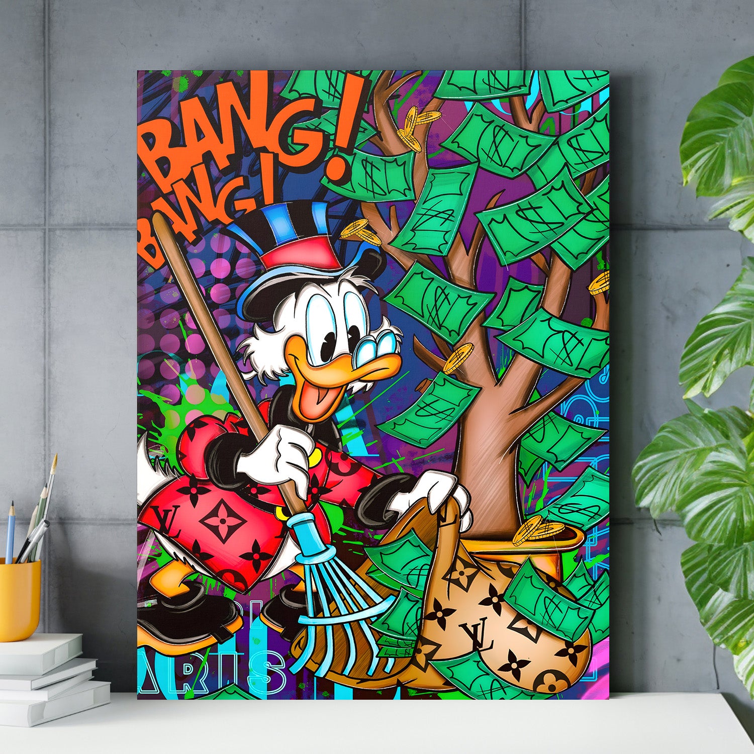 Motivační pop art obraz na zeď do pracovny s Kačerem Skrblíkem, penězi na stromě a graffiti motivy