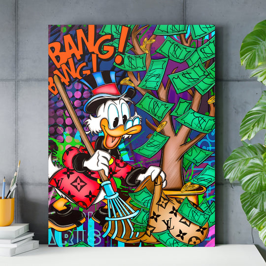 Motivační pop art obraz na zeď do pracovny s Kačerem Skrblíkem, penězi na stromě a graffiti motivy
