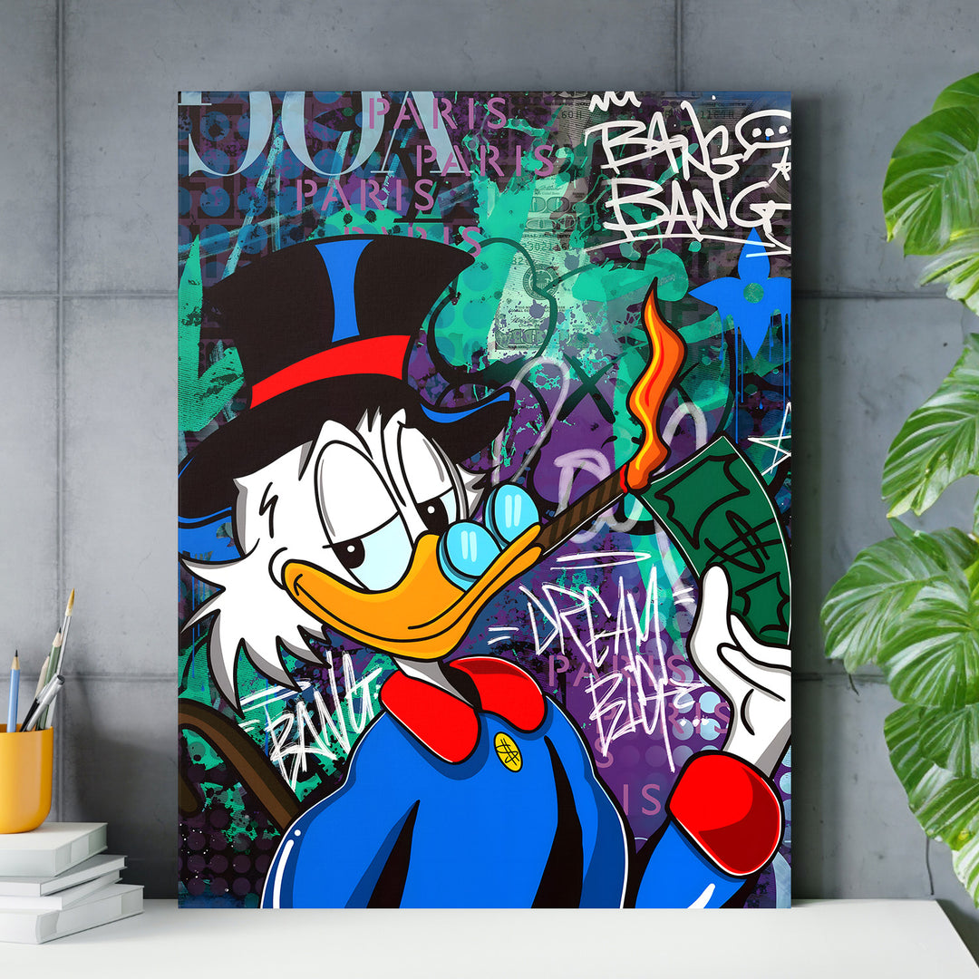 Motivační pop art obraz na zeď s Kačerem Šetříkem, graffiti motivy dolarů a hořící bankovkou