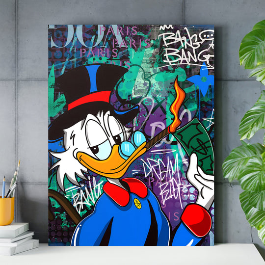Motivační pop art obraz na zeď s Kačerem Šetříkem, graffiti motivy dolarů a hořící bankovkou