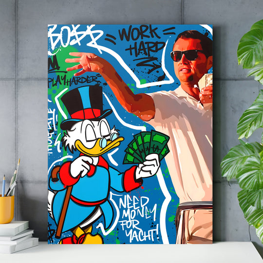 Motivační pop art obraz na zeď s Kačerem Skrblíkem, penězi a graffiti nápisem Work Hard v pracovně