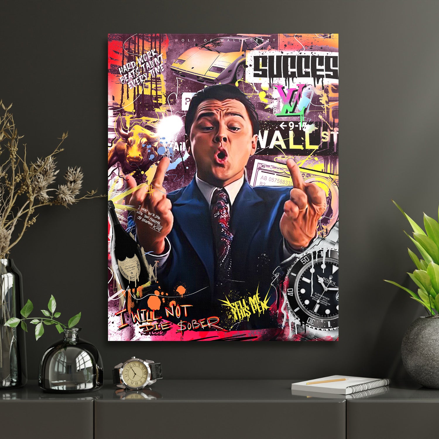 Motivační pop art obraz na zeď s postavou z Wall Street, sportovním autem, luxusními hodinkami a graffiti stylem