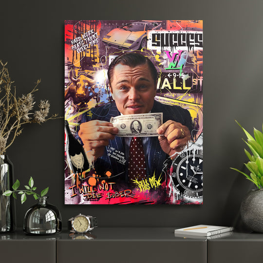 Motivační obraz na plátně s DiCapriem držícím dolar, graffiti pop art, luxusní auto, hodinky a motivační nápisy