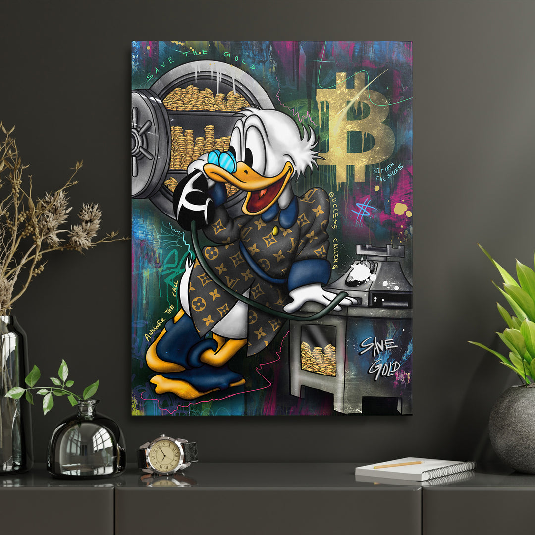 Luxusní pop art obraz na zeď Donald Duck otevírá sejf plný zlatých mincí a bitcoinů, motivace k bohatství