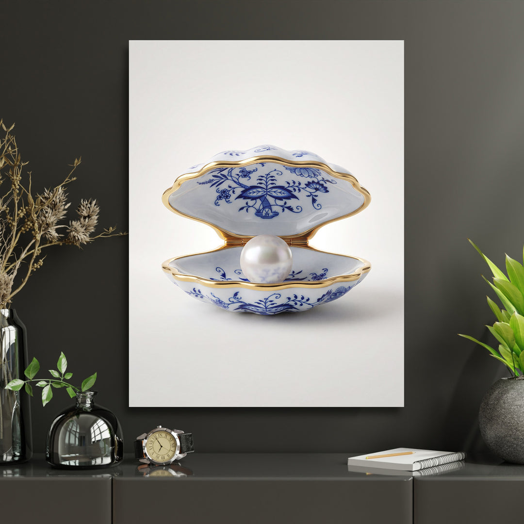 Motivační obraz na zeď do kanceláře s bílomodrou porcelánovou lasturou a perlou v moderním minimalistickém designu