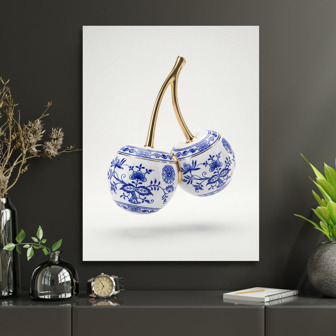 Luxusní obraz na zeď s porcelánovými třešněmi v modrobílém ornamentu a zlatými stonky, moderní lifestyle design