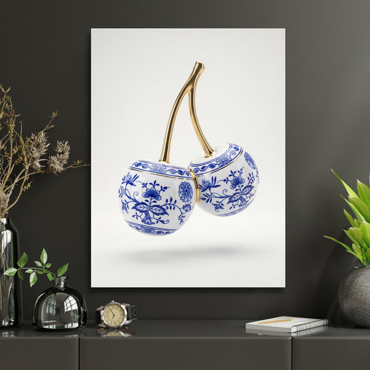 Luxusní obraz na zeď s porcelánovými třešněmi v modrobílém ornamentu a zlatými stonky, moderní lifestyle design