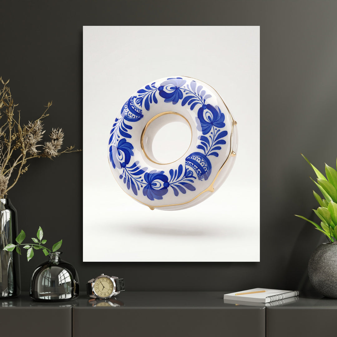 Motivační obraz na plátně v obýváku s modrobílým porcelánovým kruhem a zlatými detaily