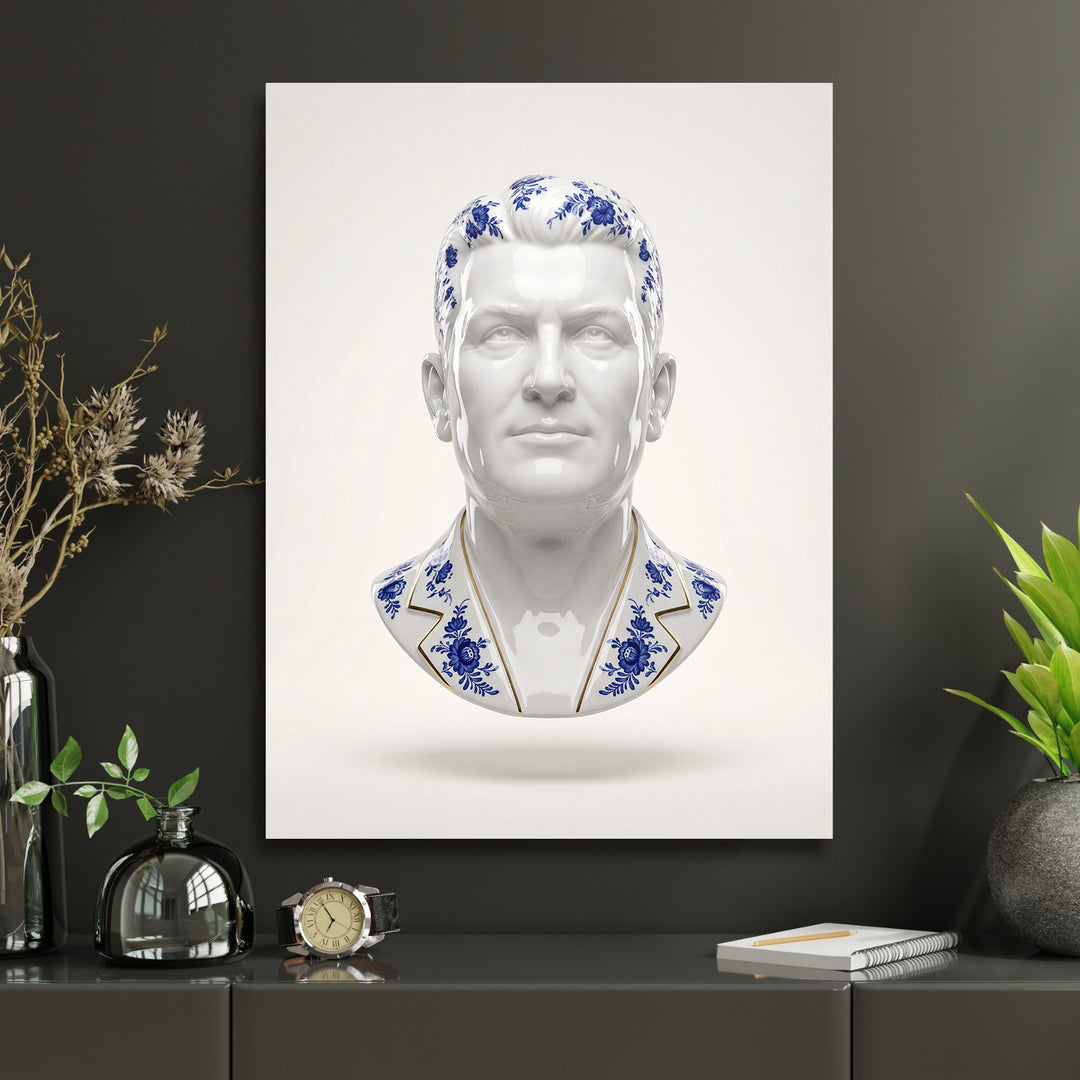 Motivační obraz na zeď v elegantním interiéru s moderní porcelánovou bustou zdobenou modrými květy