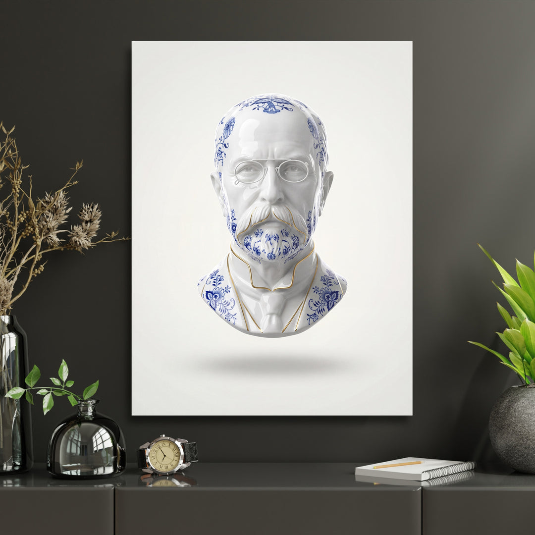Obraz na plátně v pracovně, porcelánová hlava s modrobílými květinovými ornamenty, moderní obraz