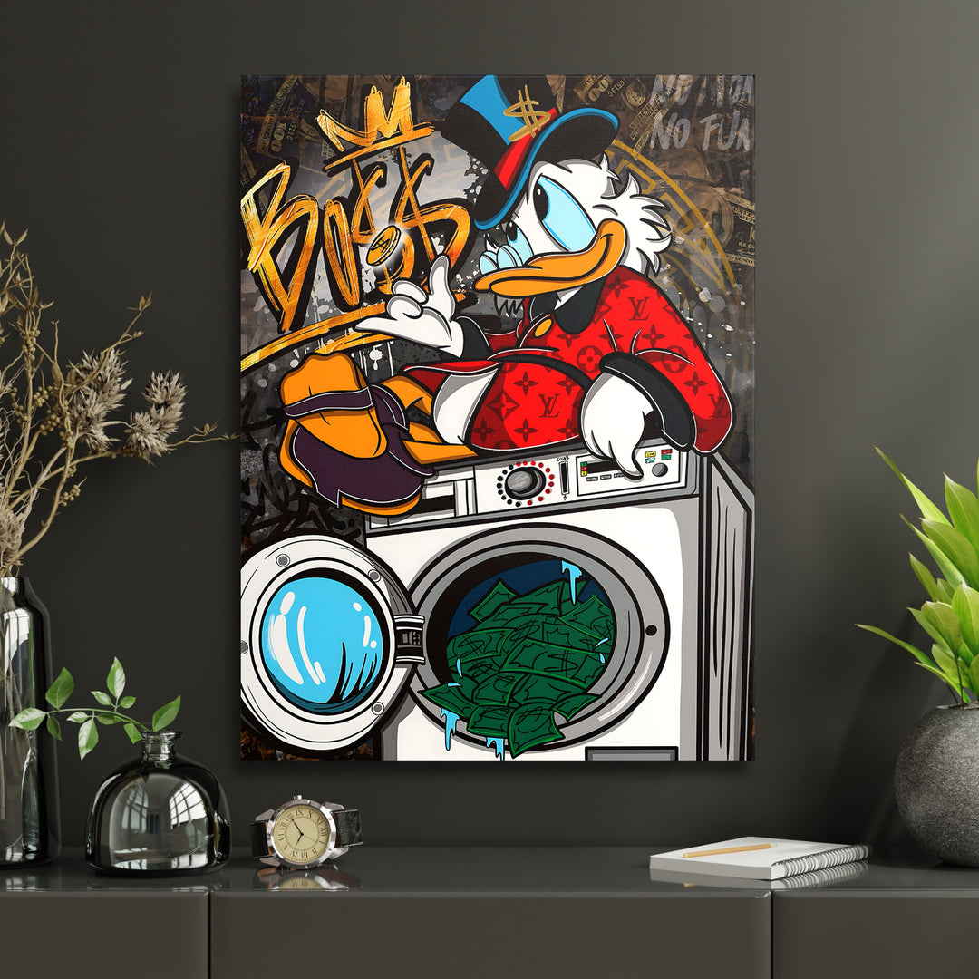 Pop art obraz na zeď do obýváku, kačer u pračky přeplněné penězi, motivační money lifestyle