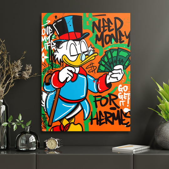 Pop art obraz kachny s penězi a graffiti nápisy, motivační obraz na zeď na oranžovém pozadí