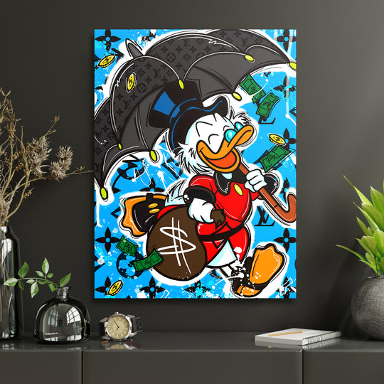 Motivační pop art obraz na plátně s Kačerem Skrblíkem v pracovně a kolem něj poletujícími bankovkami
