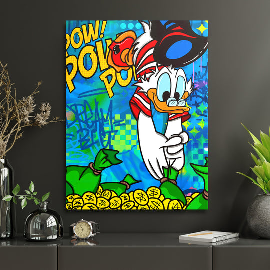Motivační pop art obraz na plátně Kačer Skrblík s penězi v kanceláři, business lifestyle