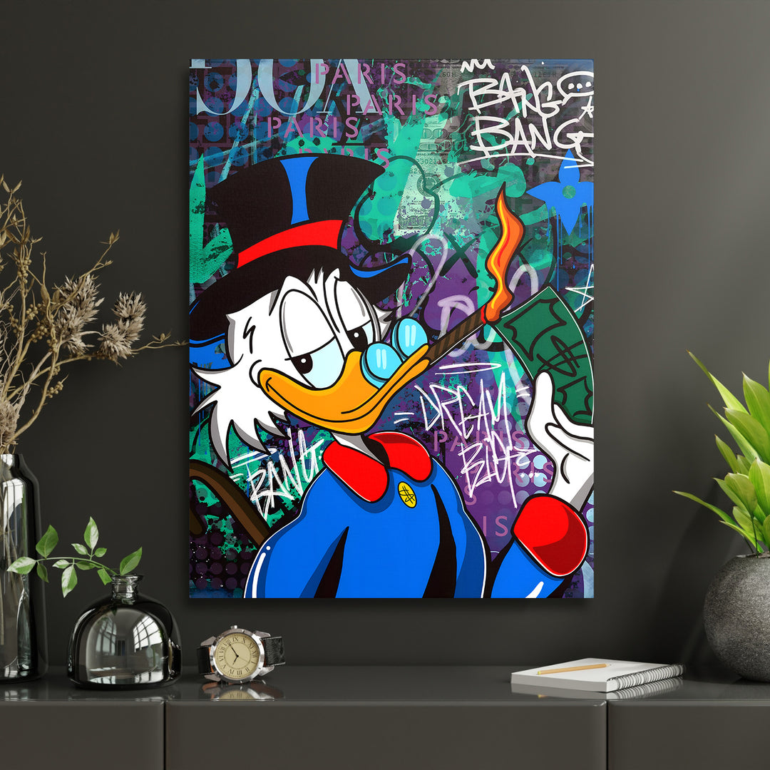 Lifestyle pop art obraz na plátně s kachnou v cylindru a graffiti motivem v moderním interiéru