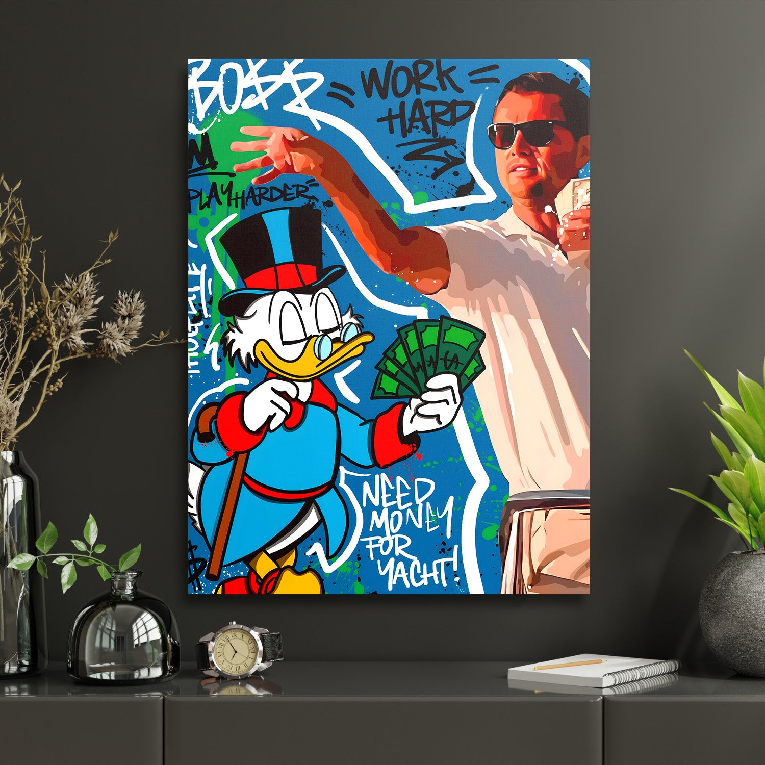Motivační pop art obraz na plátně s Kačerem Skrblíkem, graffiti penězi a nápisem Need money for yacht