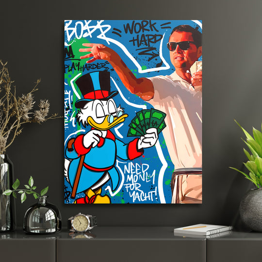 Motivační pop art obraz na plátně s Kačerem Skrblíkem, graffiti penězi a nápisem Need money for yacht
