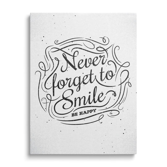 Motivační obraz na plátně s černobílým citátem „Never forget to smile – be happy“ v minimalistickém designu