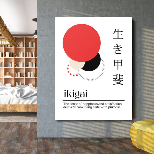 Motivační obraz na zeď s minimalistickými kruhy a japonským citátem ikigai v moderním interiéru obývacího pokoje