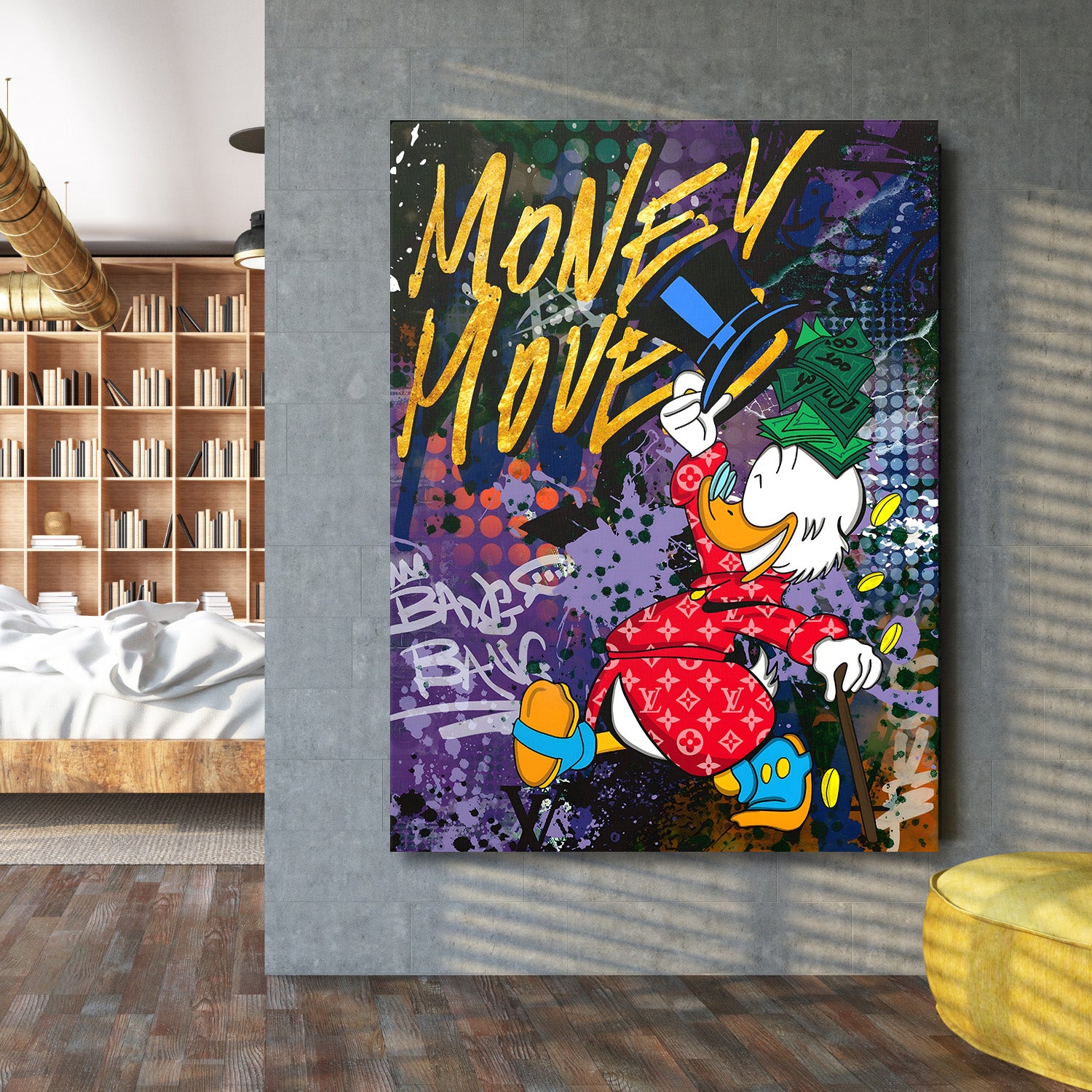 Motivační obraz na zeď s graffiti motivem peněz a pop art kačerem ve street art stylu v obývacím pokoji