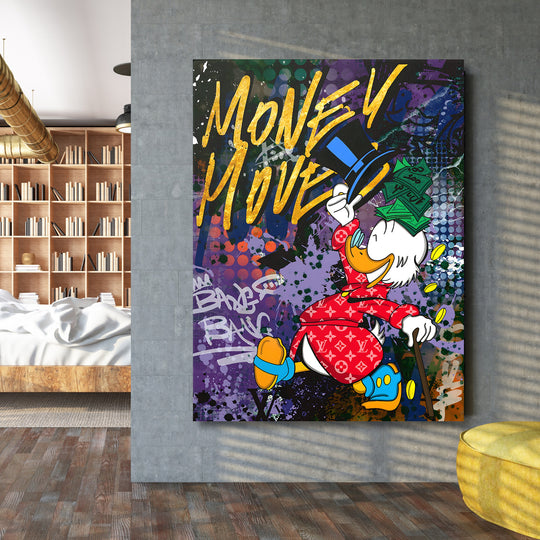 Motivační obraz na zeď s graffiti motivem peněz a pop art kačerem ve street art stylu v obývacím pokoji