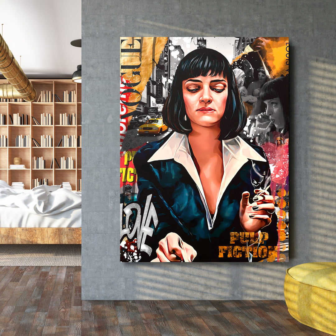 Pop art obraz ženy s černým mikádem a newyorskou taxí jako motivační obraz v industriálním obýváku