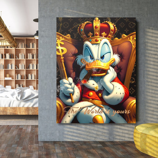 Motivační pop art obraz na zeď s Kačerem v koruně, dolarovým žezlem a luxusním motivem do obýváku