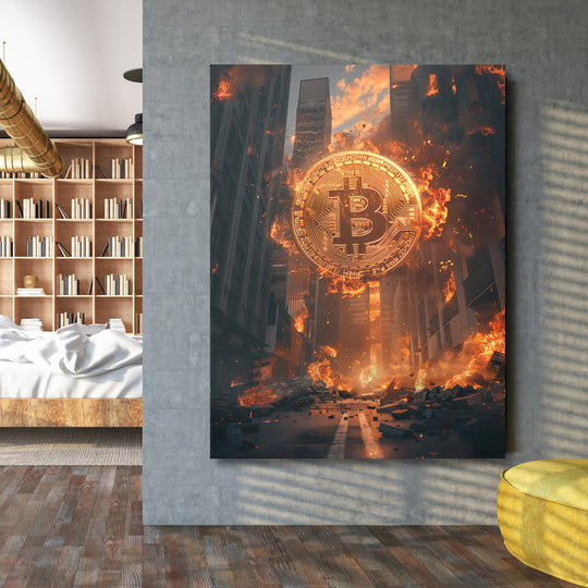 Motivační obraz na zeď s hořícím Bitcoinem v apokalyptickém městě, temný kryptoměnový motiv