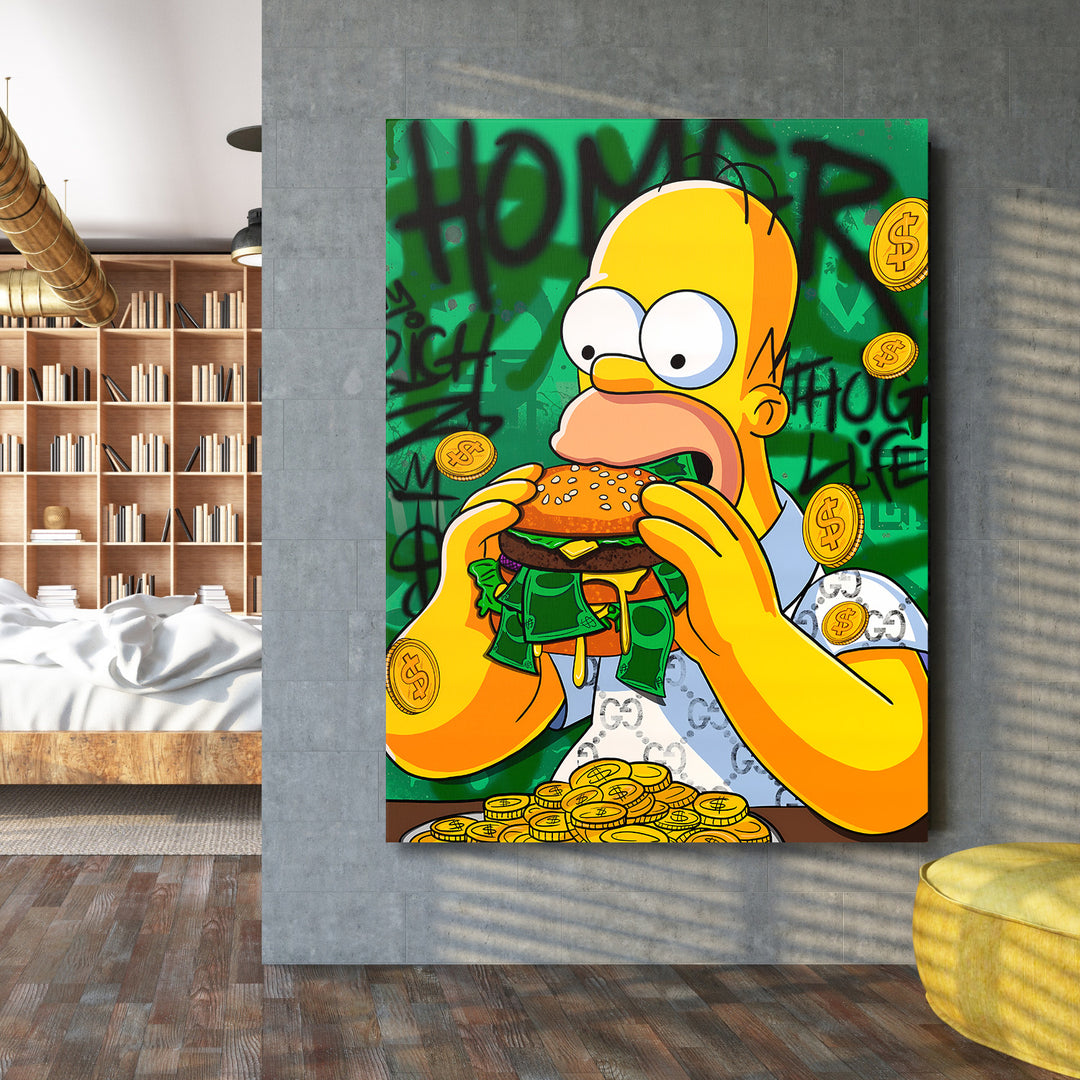 Pop art obraz na zeď s Homerem Simpsonem žvýkajícím burger plný dolarů na graffiti pozadí