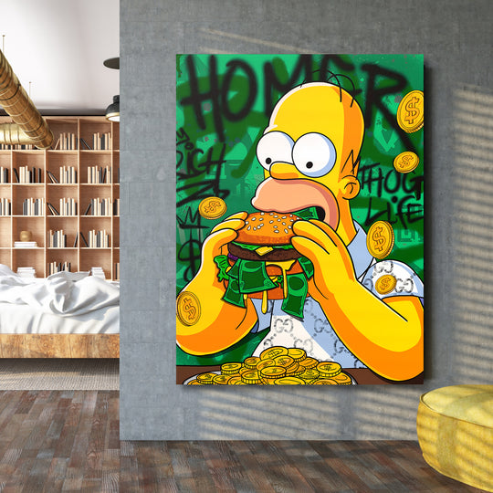 Pop art obraz na zeď s Homerem Simpsonem žvýkajícím burger plný dolarů na graffiti pozadí