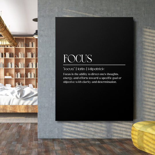 Motivační obraz na plátně, černé minimalistické pozadí s bílým nápisem FOCUS a textem o soustředění
